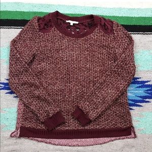 MISS ME Pieced Knit Lace Back Crochet Yoke Shirt M